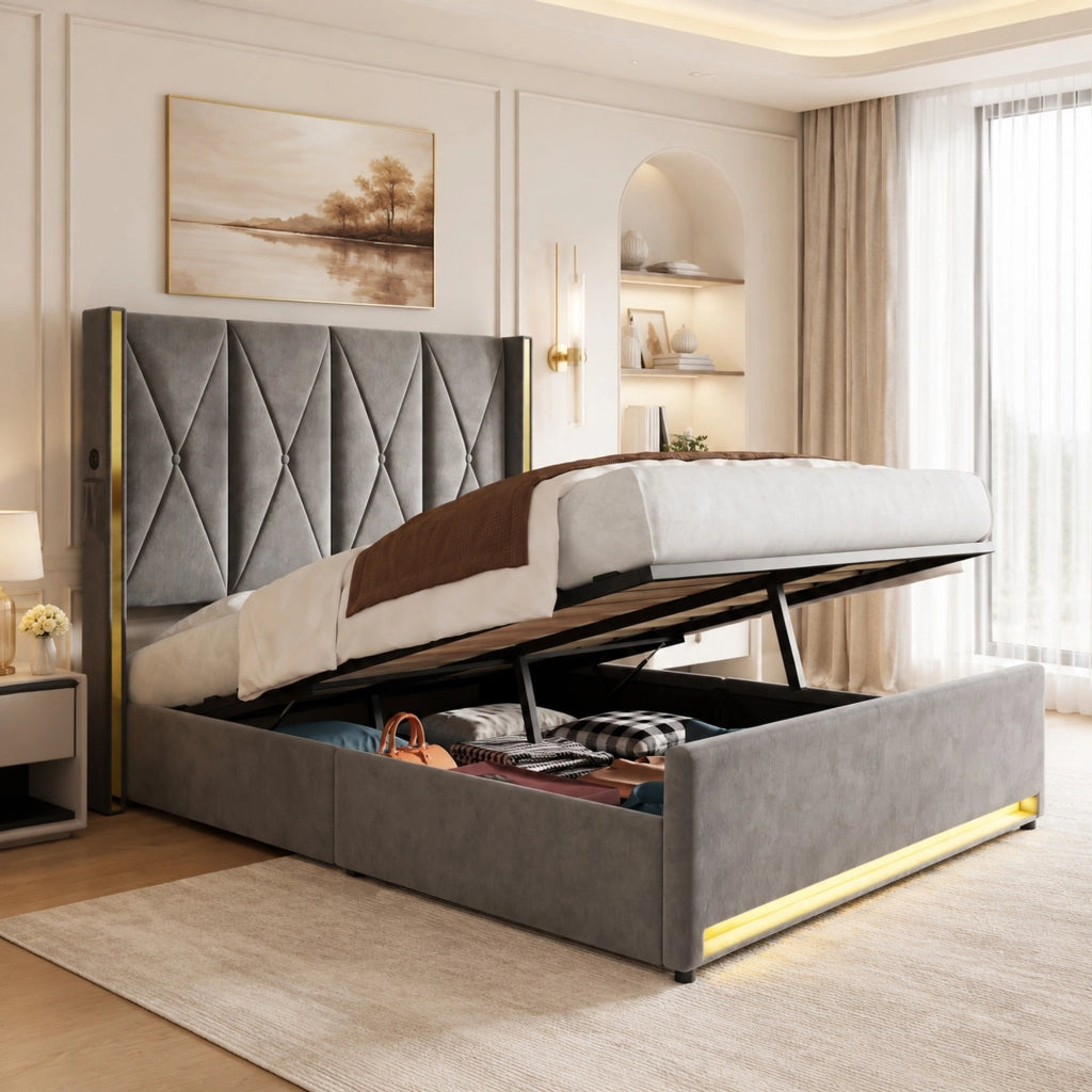 DESMIU Letto Contenitore 160 × 200 cm 2 Posti con USB, Type-C, LED e Contenitore, senza Materasso, in Velluto, Grigio Scuro