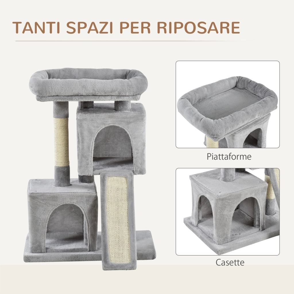 Albero Tiragraffi per Gatti con Pali in Sisal, Lettino e 2 Casette, 59x39x81cm, Grigio