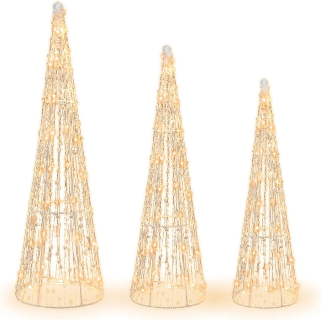 Set di 3 Alberi di Natale a Forma di Cono, Set di Alberi Conici Decorativi per Natale con Luci a LED Calde Bianche, Decorazioni Illuminate per Interni ed Esterni