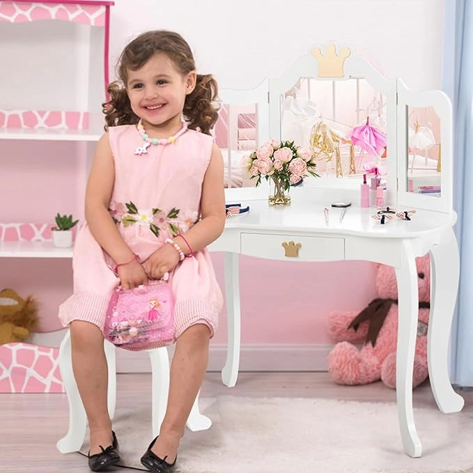Toeletta Trucco per Bambina Staccabile, Specchiera per Ragazza in Legno con Sgabello e Cassetto, Postazione Trucco 2 in 1 per Cameretta e Cmera da Letto, 80x42x105cm (Bianco)