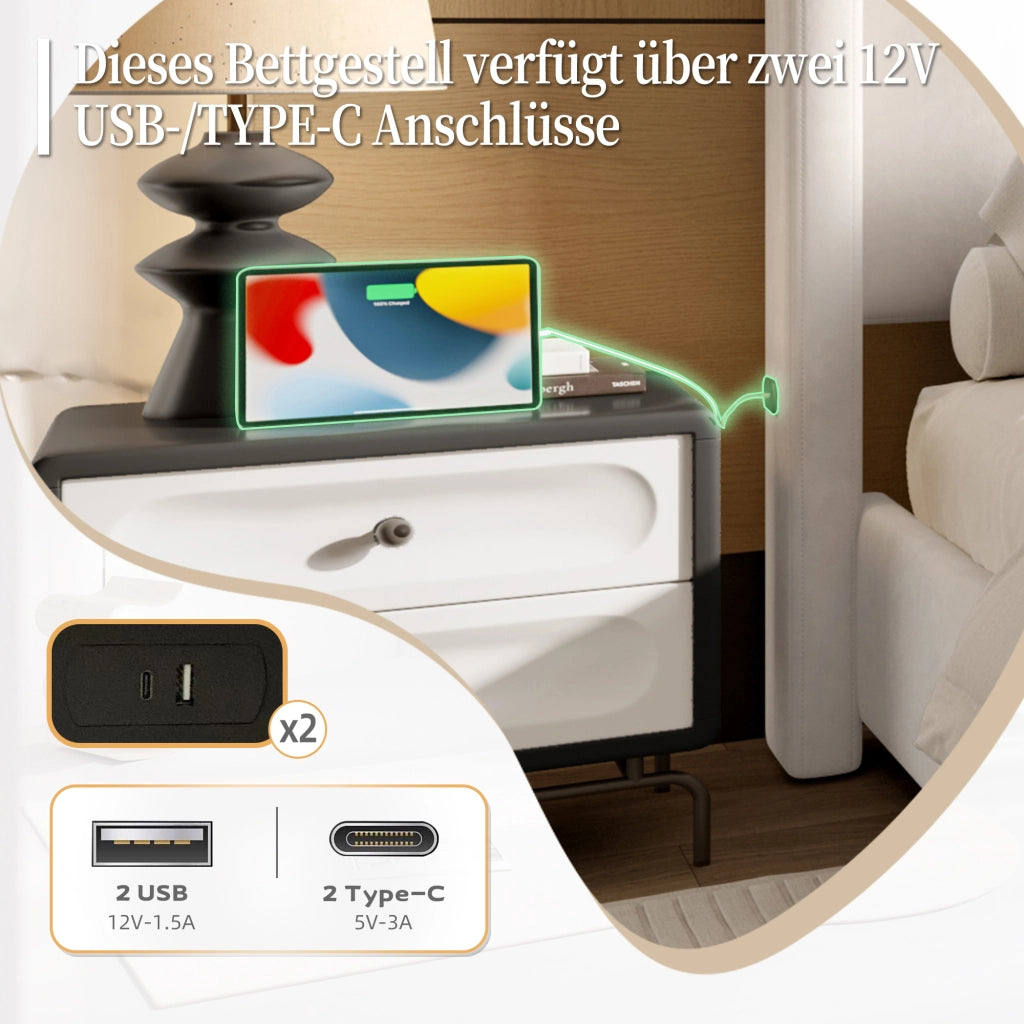 OKWISH Letto Imbottito 140×200 cm, Letto Matrimoniale con USB e Tipo C, Testiera Alta, senza Materasso, in Velluto, Beige