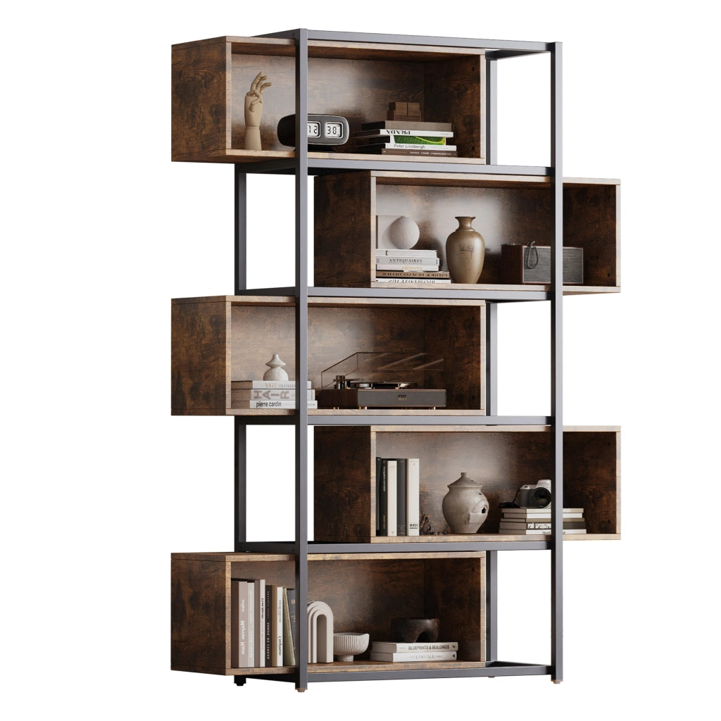 Libreria a 5 ripiani in MDF marrone e nero 121x35x176 cm con sistema antiribaltamento