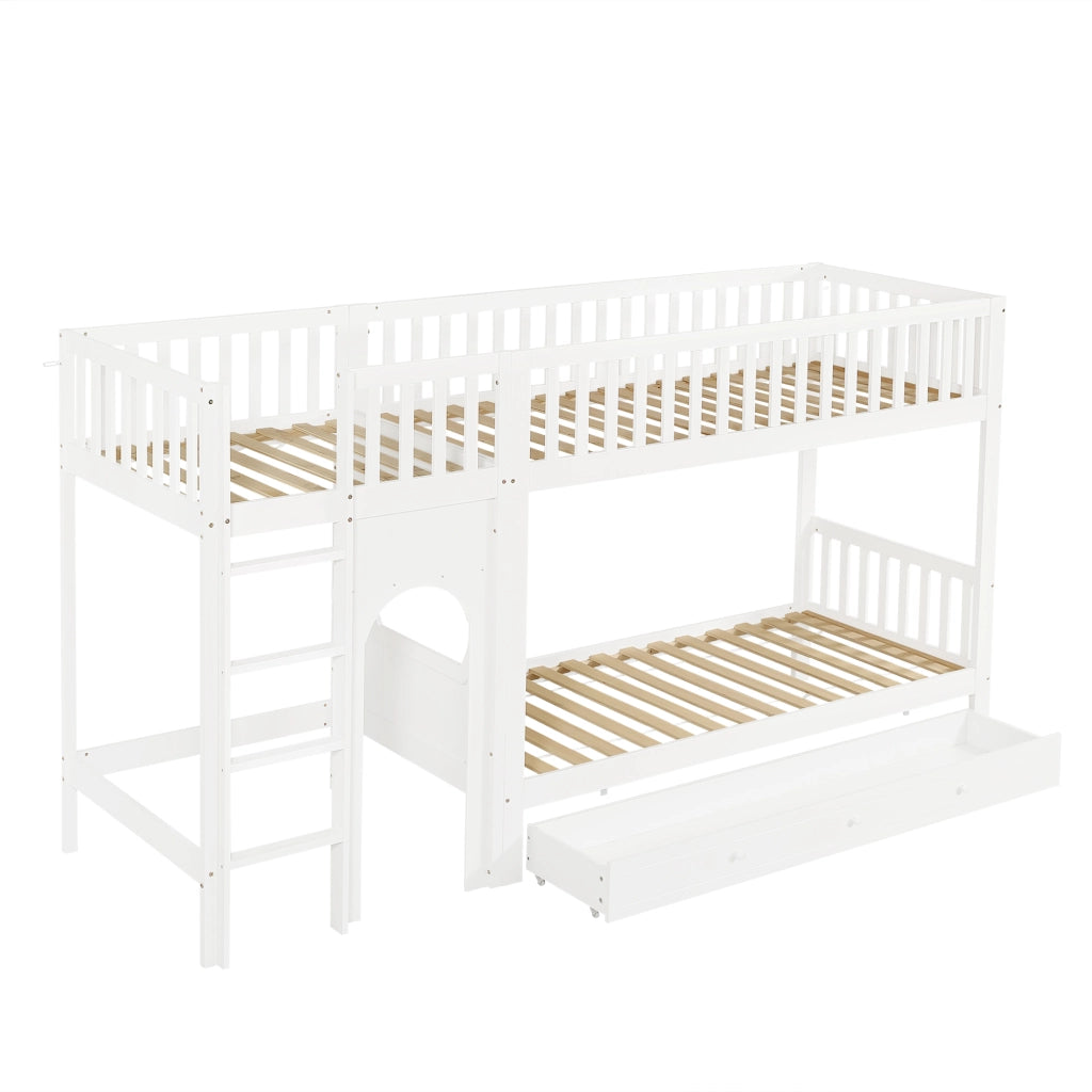 Letto a castello per bambini 90x200 cm, scala dritta a 4 gradini, sponde su 4 lati, bianco/naturale