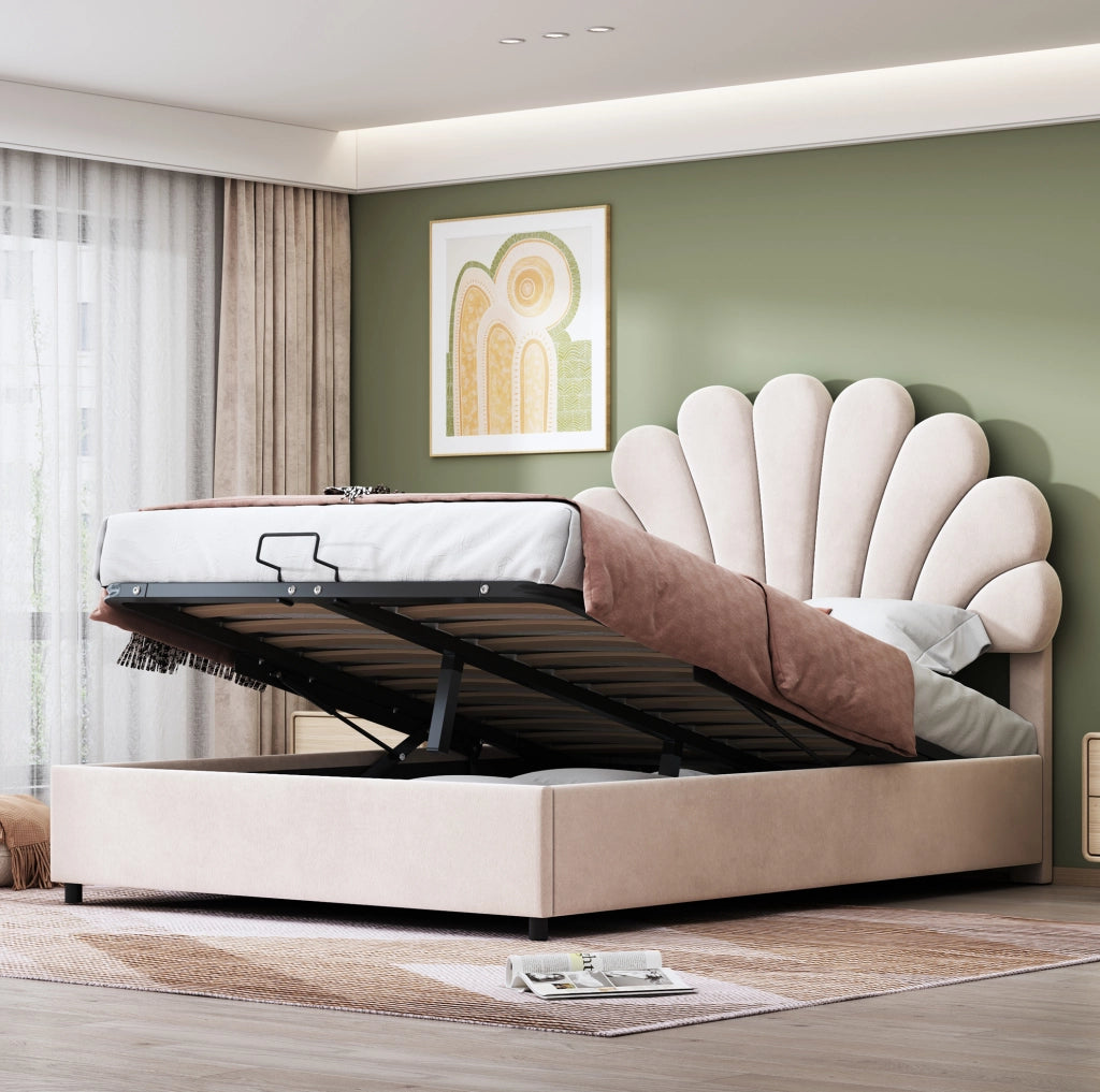 Letto matrimoniale imbottito 140x200 cm con contenitore idraulico e testiera floreale regolabile; beige