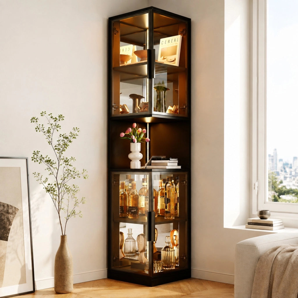 Vetrina LED in truciolare e vetro con ante doppie; specchio e luce multicolore; 205 cm; nera