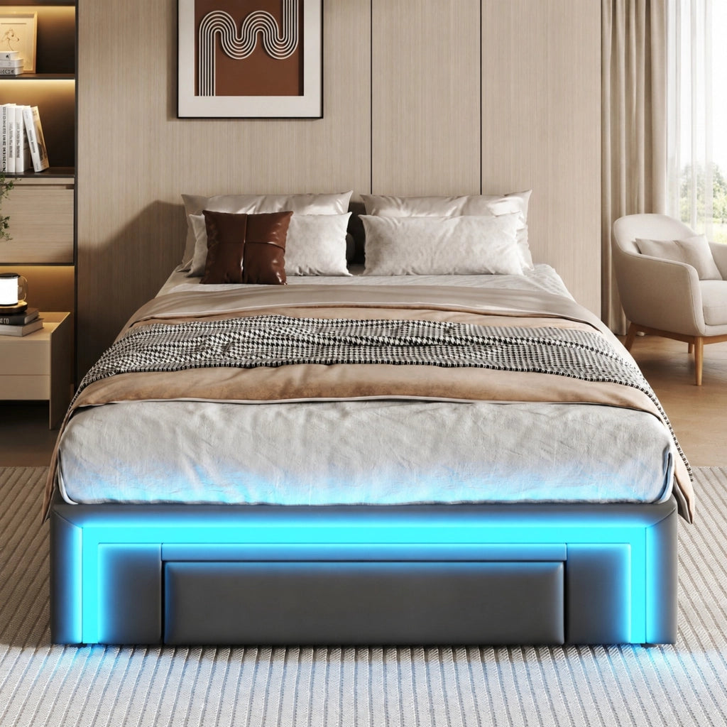 LETTO 90x200 cm in PU Grigio con cassetti e striscia LED, senza testiera