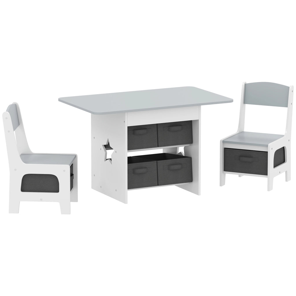 Set Tavolo e Sedie per Bambini 3-8 Anni con 6 Cassetti e Bordi Arrotondati in Legno e Tessuto Grigio e Bianco