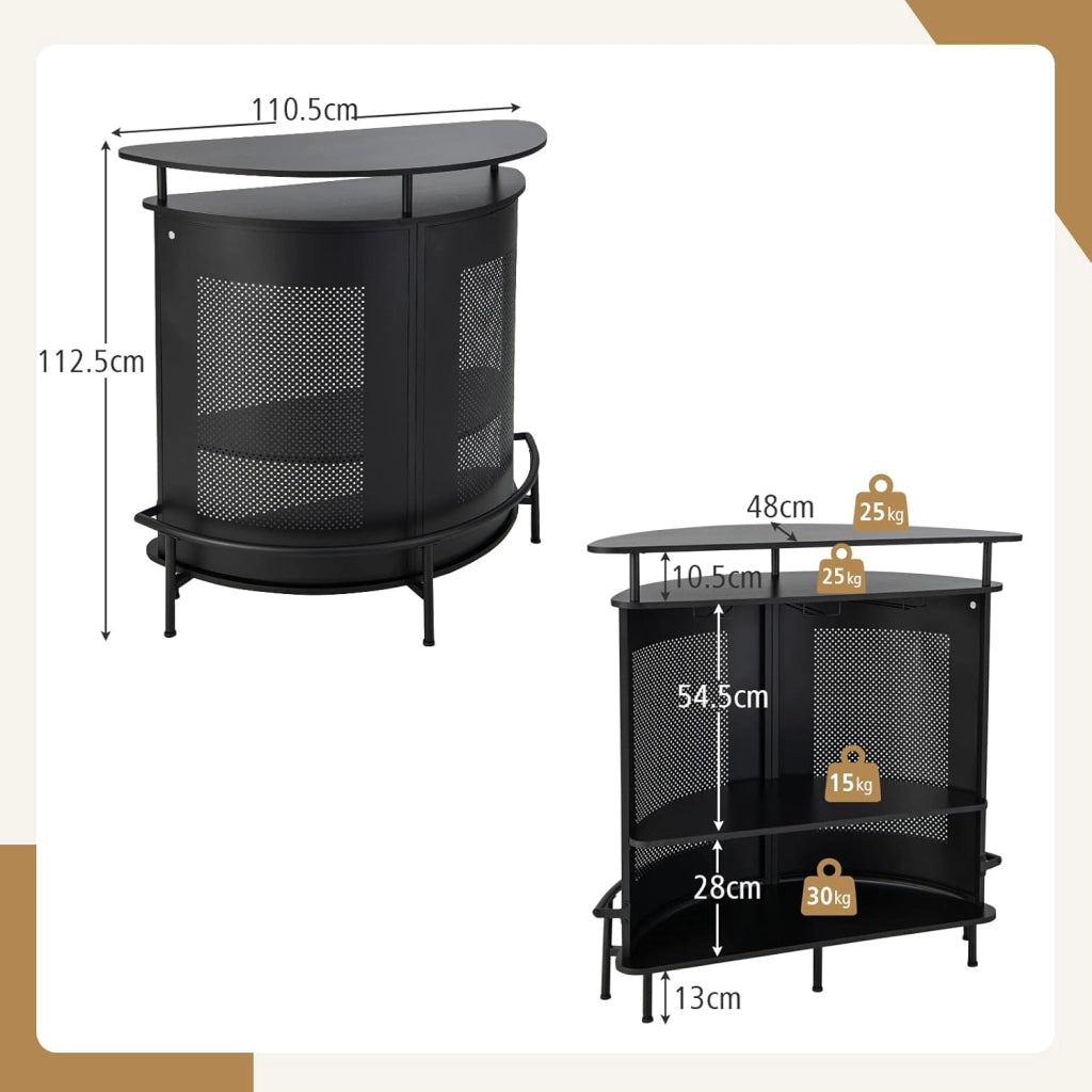 Mobile da bar con ripiani e 3 file di portabicchieri, tavolo da bar curvo con parte anteriore in rete e poggiapiedi in metallo, 6 gambe regolabili, 110,5 x 48 x 112,5 cm, credenza per cucina