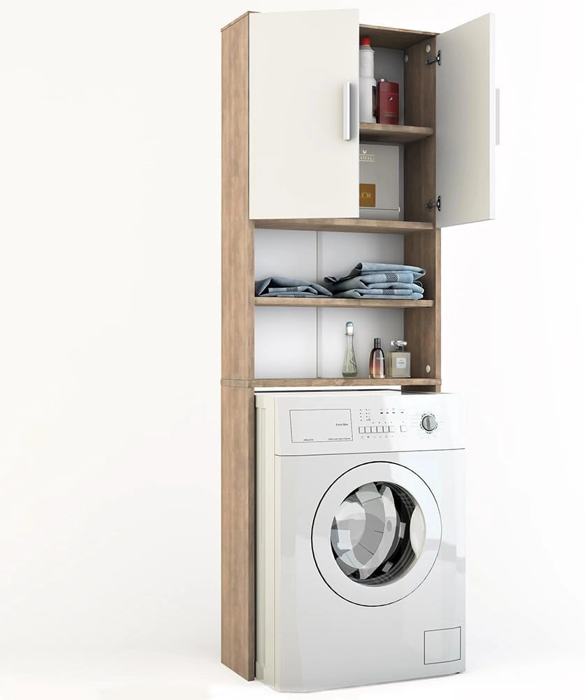 Mobile lavatrice, Bianco/Sonoma, 64 x 190 cm, adatto per la conservazione di detersivo e accessori
