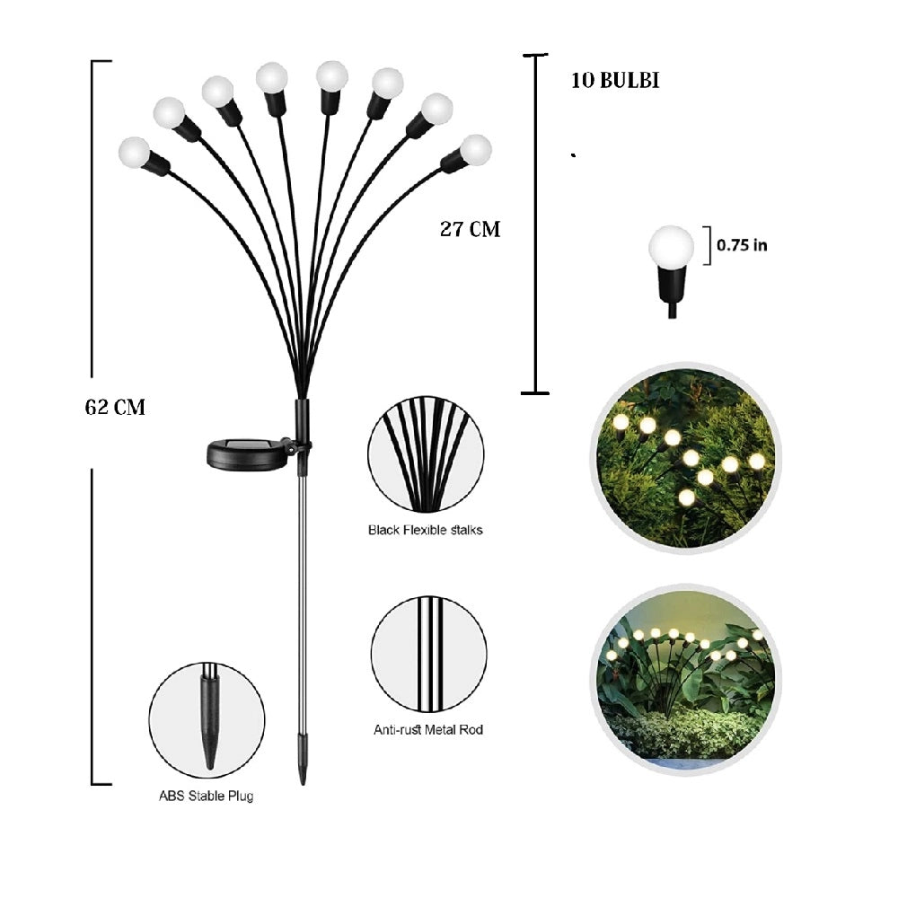 Lucciole Luminose 10 Bulbo a LED natalizie Energia Solare Decorazione Giardino Luce Multicolor