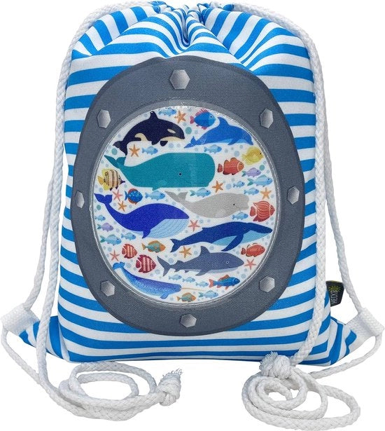 Tas da gioco per bambini - tema pesce con finestra - 33x26cm - scuola materna, asilo, lettino, borsa, zaino, borsa sport, borsa scuola, blu/bianco
