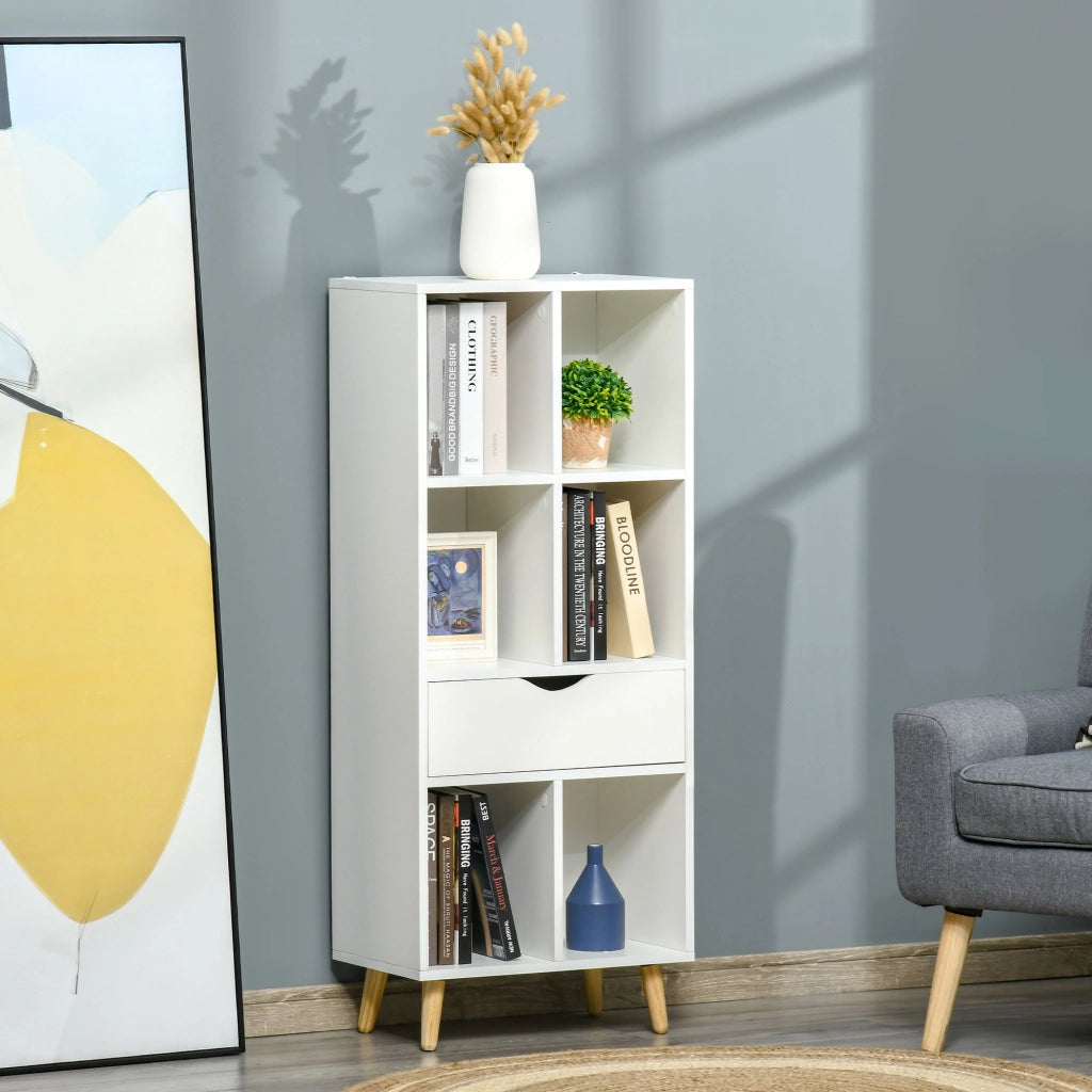 Libreria con cassetto e gambe in legno 6 scomparti aperti ¨C zephmum ¨C 50x29.5x120 cm bianco
