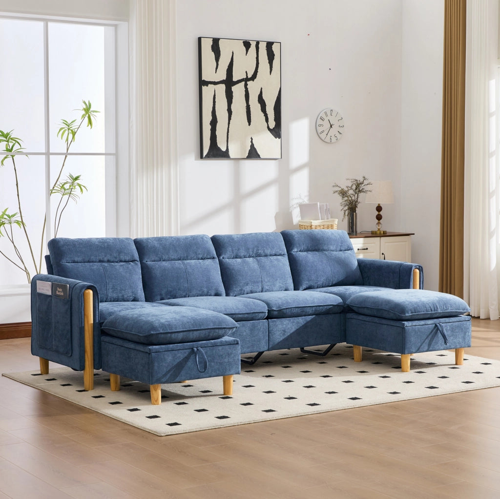Divano modulare a U 4 posti in ciniglia blu con 2 pouf contenitore HOMVRA