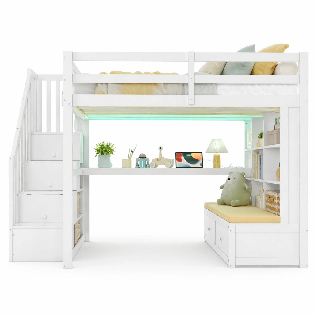 LETTO A CASTELLO 140x200 con scrivania, ripiani, cassetti e scala, bianco