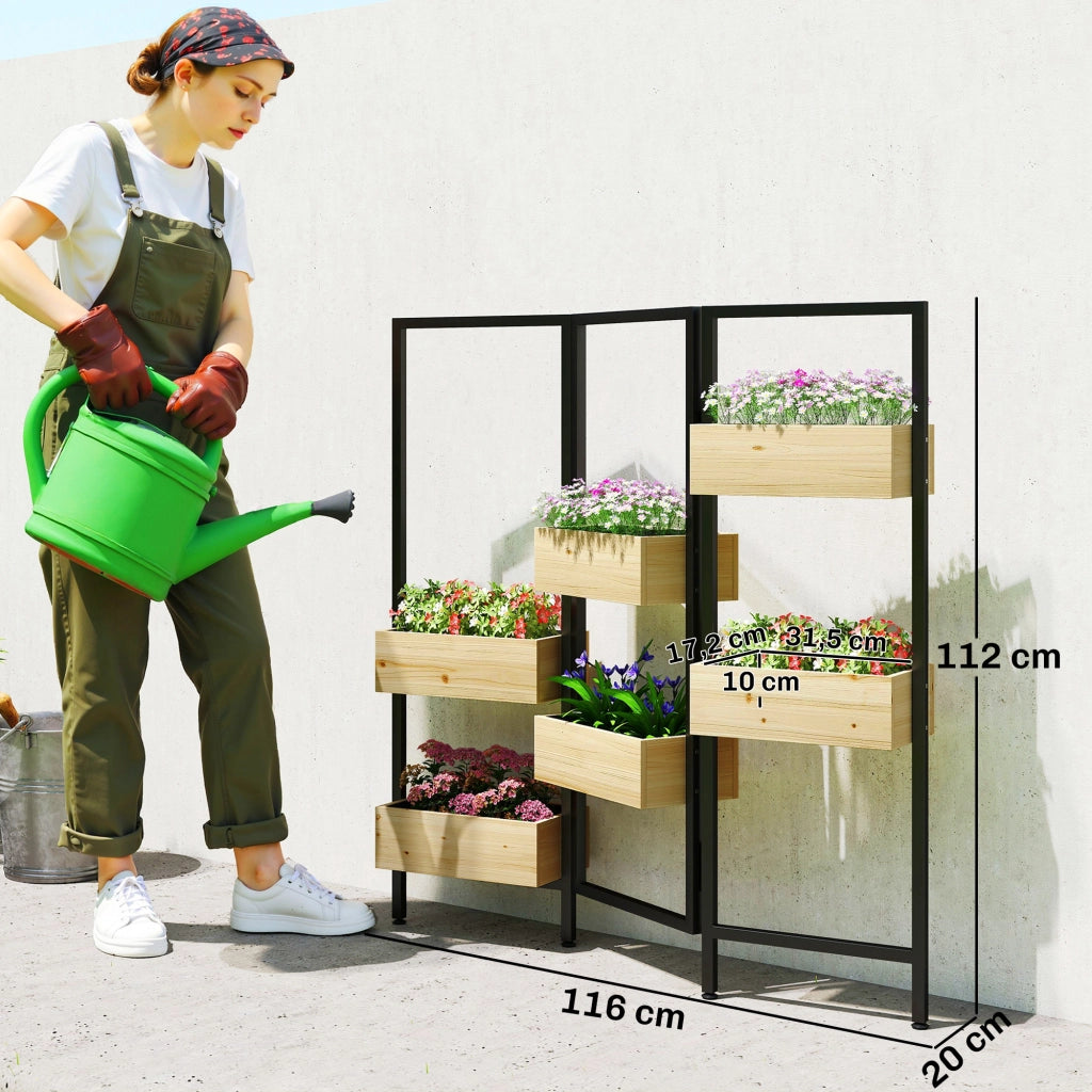 Paravento esterno pieghevole 3 pannelli con 6 vasi ¨C zephmum ¨C legno naturale