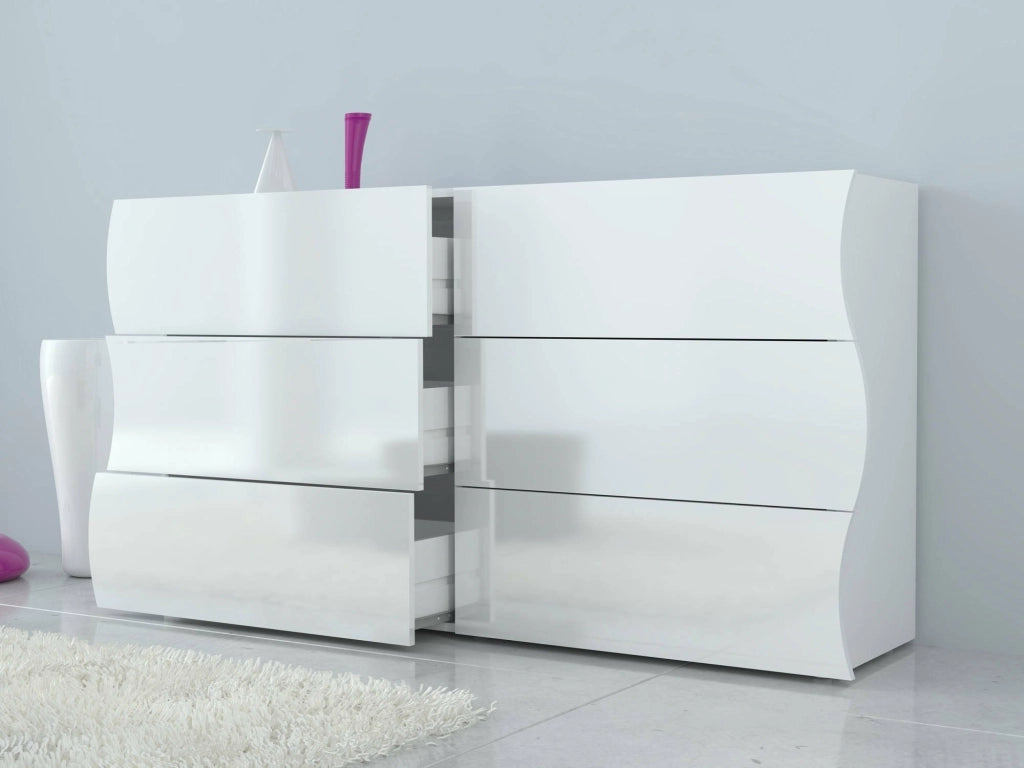 ComÒ² Aton, Made in Italy, Mobiletto per Soggiorno e Camera, Credenza 6 cassetti, Bianco lucido, cm 155x40h82