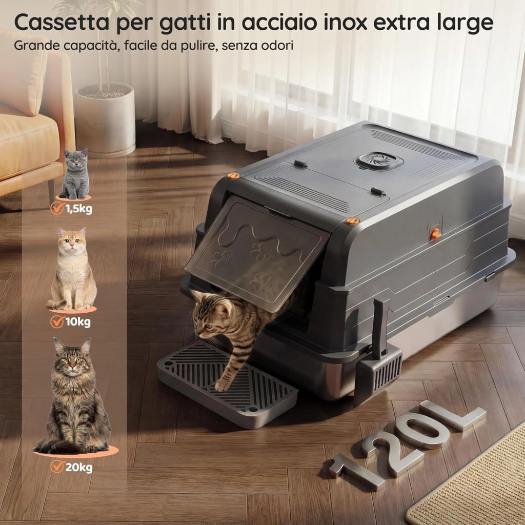 Lettiera Per Gatti In Acciaio Inox, Lettiera Gatto Acciaio Inox XXXL Smontabile Chiusa, Antifuga Liquidi, Vassoio Antiaderente, Facile Pulizia, Con Deodorante E Paletta. Per Gatti Fino A 20 Kg
