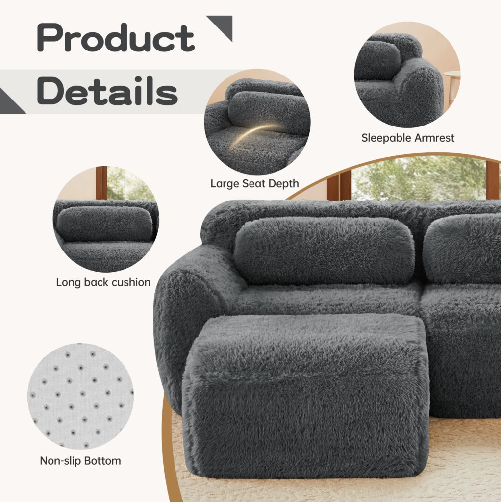 Divano 2 posti in tessuto plush grigio, design modulare senza telaio, con cuscini e base antiscivolo