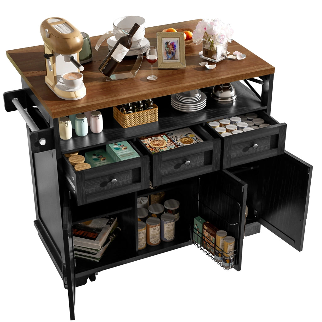 Isola cucina 118x43x98 cm; piano ribaltabile; MDF e metallo; nero
