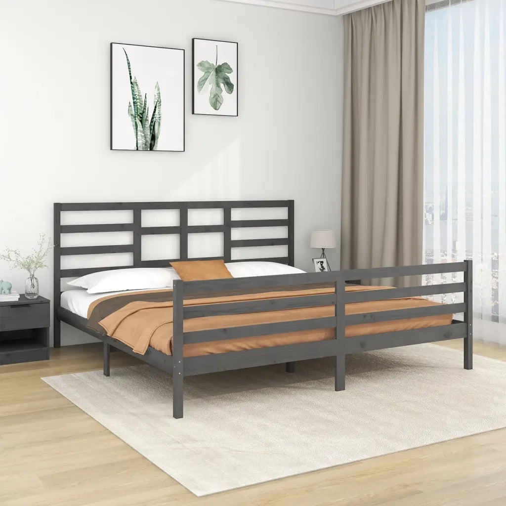 Letto matrimoniale | Letto per adulti | Giroletto Grigio in Legno Massello 200x200 cm