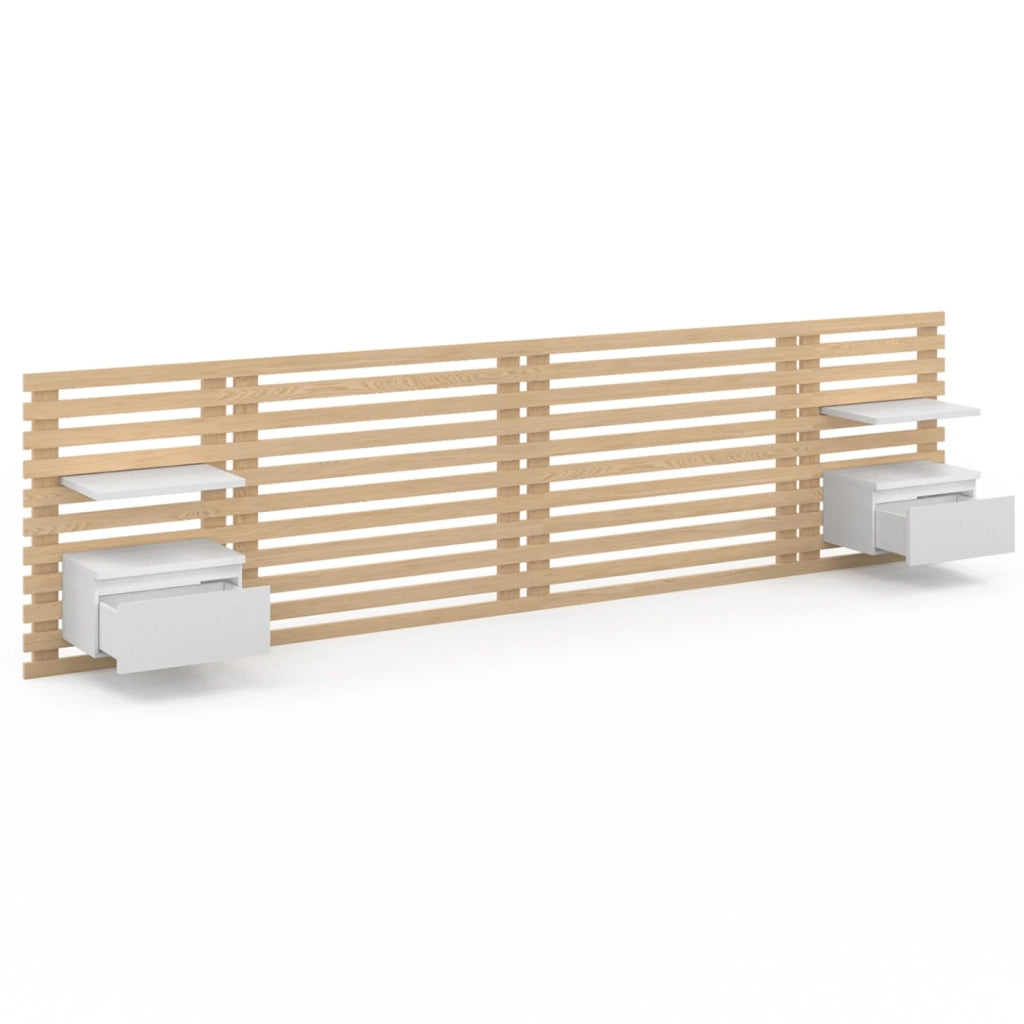 IDMarket - Cabecero de lamas AVA con mesillas colgantes 240 CM madera clara y blanco