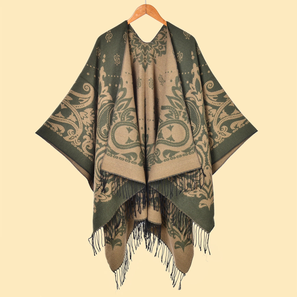 Sciarpa da donna Cashew con nappe e spacco, jacquard double face, spessa e calda.