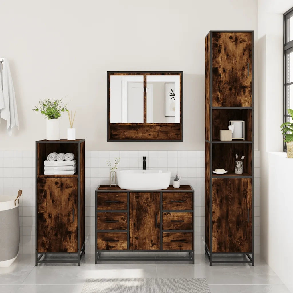 Set Mobili da Bagno 4 pz Rovere Fumo in Legno Multistrato