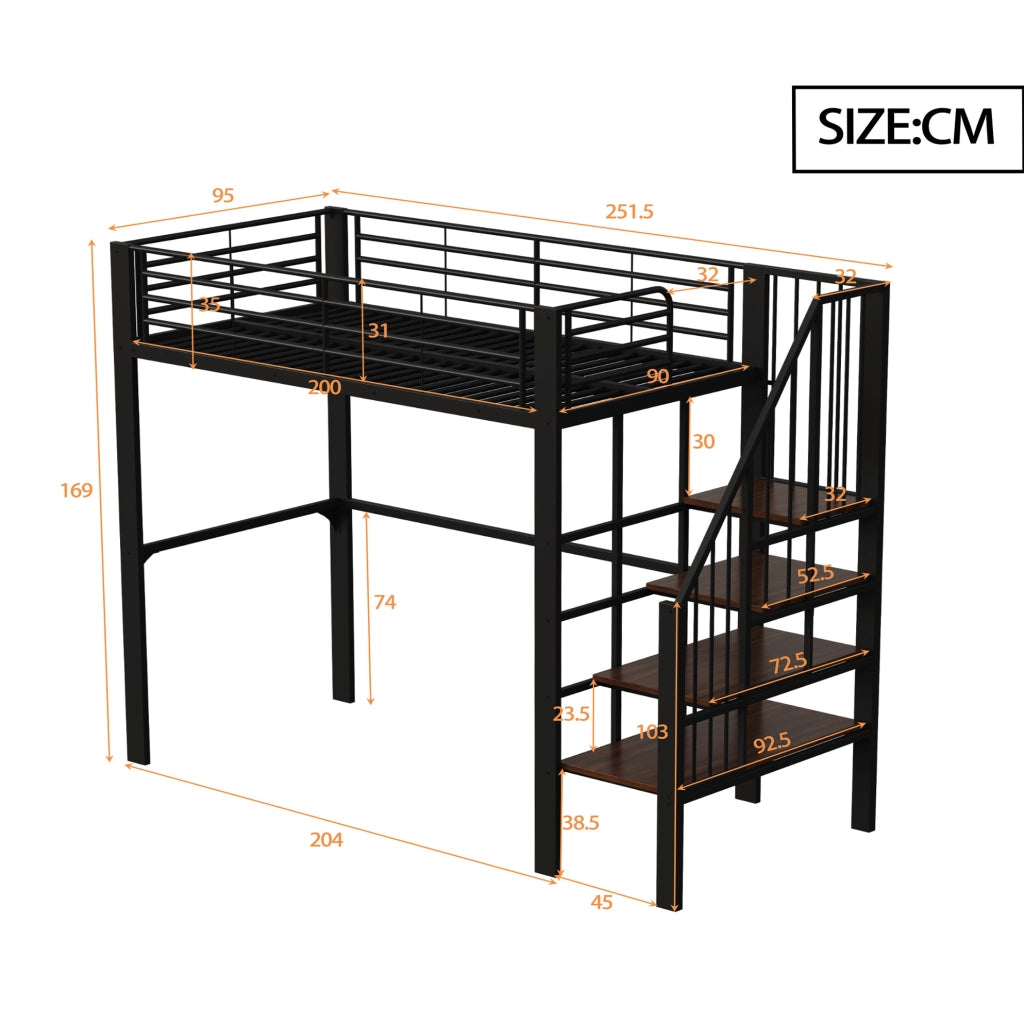 Letto a soppalco 90x200 cm con scala e spazio contenitore in metallo nero