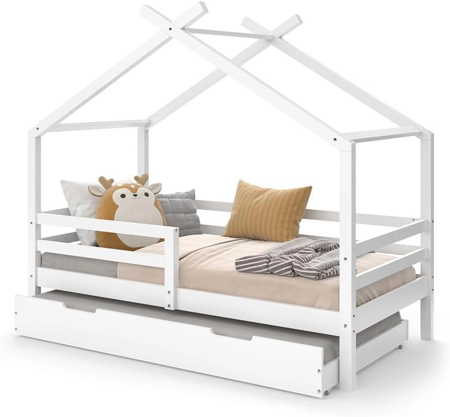 Letto montessori bambini Luni, Bianco, 160 x 80 cm con letto ospite estraibile, come una piccola casa per un'atmosfera calda