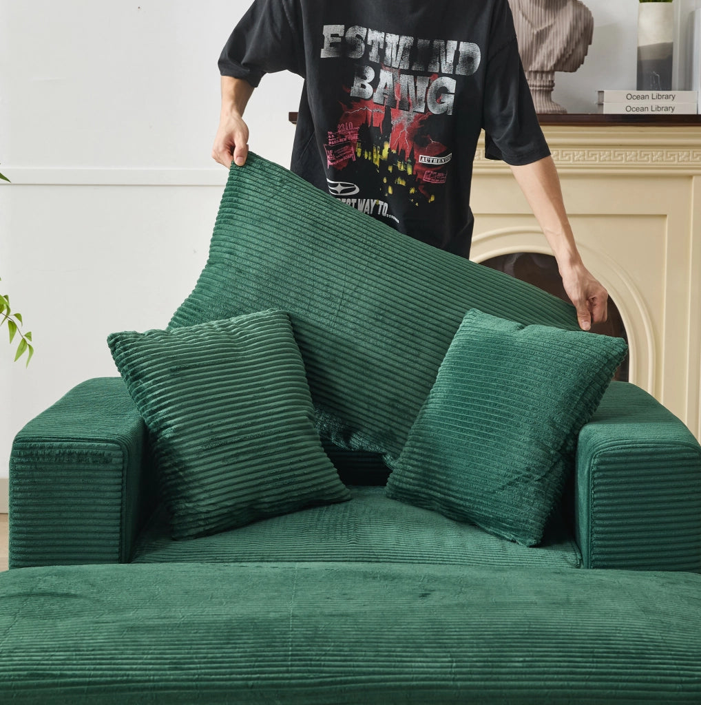 Chaise longue con poggiapiedi e contenitore, divano lounge con 3 cuscini, verde smeraldo