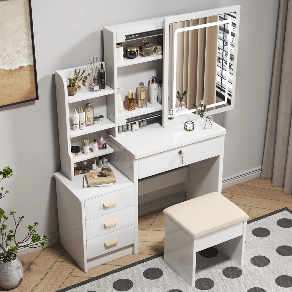 Tavolo da toeletta con specchio illuminato; sgabello imbottito; luce regolabile 3 colori; 4 cassetti; Bianco; B85×H130×P36cm