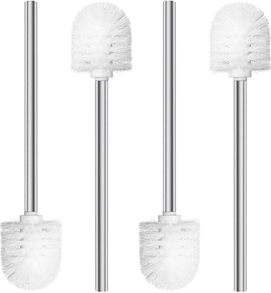 Spazzola per il water con manico in acciaio inossidabile, diametro 7,5 cm, set di 4, capo spazzola sostituibile, bianco