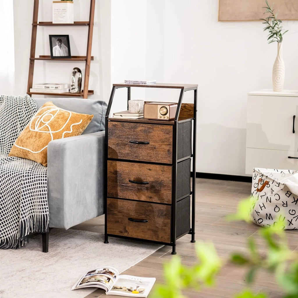 Armadietto verticale con 3 cassetti in tessuto e 2 ripiani aperti, comodino con protezione anti-ribaltamento, armadietto, cassettiera, 45 x 30 x 92 cm, stile industriale