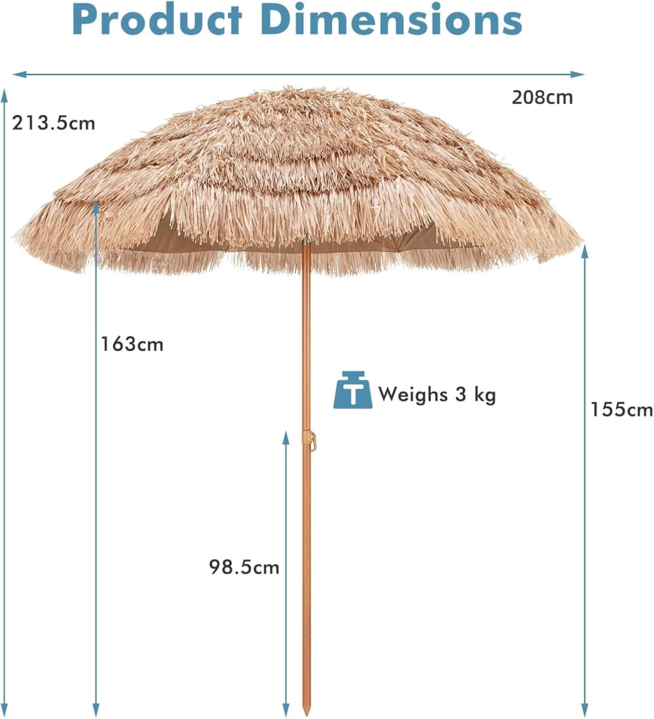 φ2,2 m, ombrellone hawaiano, da spiaggia, pieghevole a 30°, da balcone, in paglia con protezione solare e 8 costole, ombrellone per giardino, spiaggia