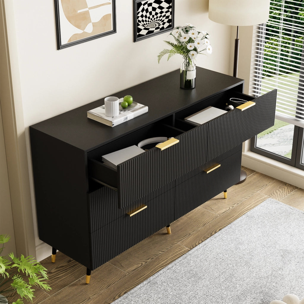Credenza moderna con 6 cassetti in truciolare nero, gambe alte e dettagli dorati 120 × 40 × 77 cm