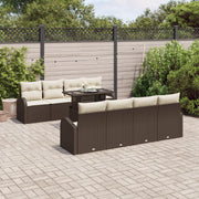 Set di Divani da Giardino da 9 Pezzi con Cuscini Marrone Rattan Polietileno