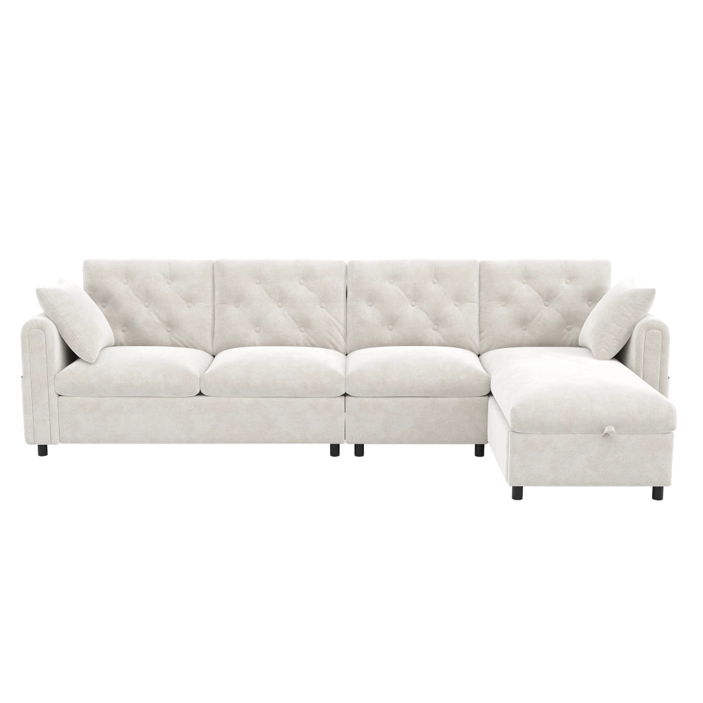 Divano Angolare in Velluto con Contenitore e Braccioli ¨C MINIMAL ¨C Beige, 281x86x71 cm