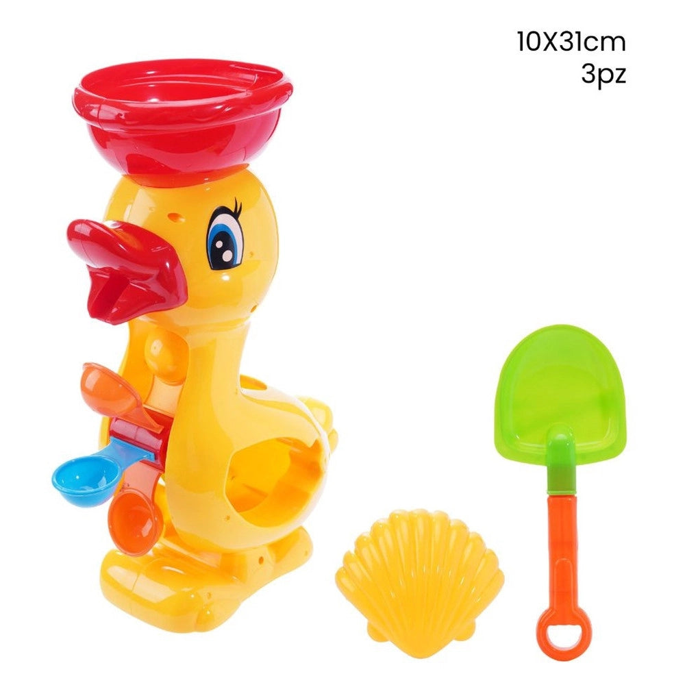 Trade Shop - Set 3pz Gioco Spiaggia Mare Con Mulino Forma Di Anatra Paletta Formina 10x31cm 258253 -