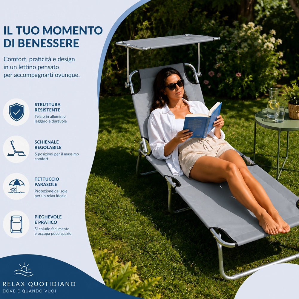 Lettino Mare Pieghevole Leggero con Tettuccio Parasole Regolabile Grigio