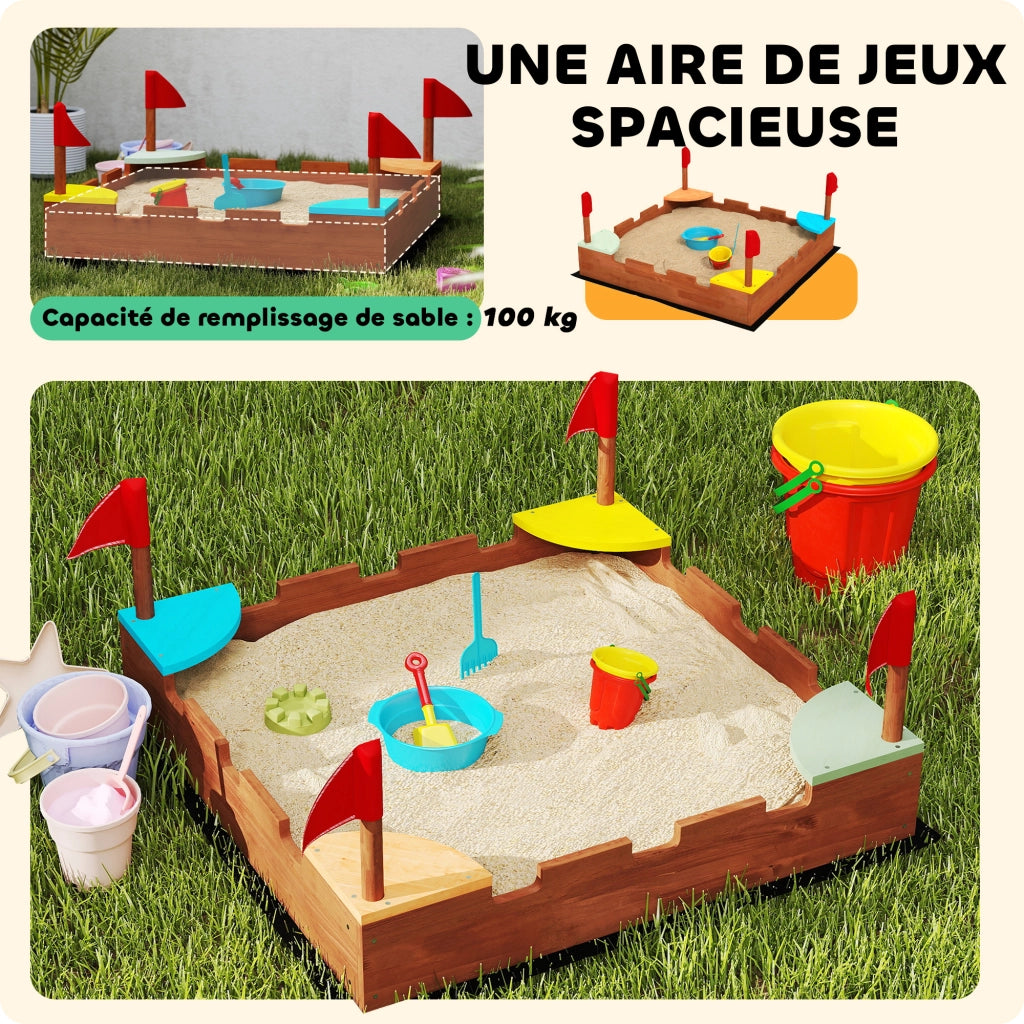 Sandbox in legno per bambini con sedili e bandiere ¨C zephmum ¨C marrone 90x90x17 cm