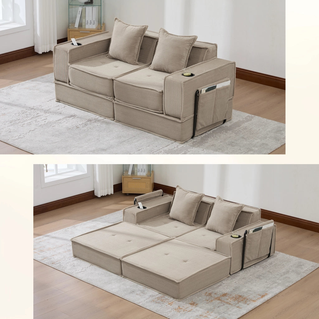 Pouf divano modulare con cuscini; 162x78x66 cm; in velluto a coste khaki