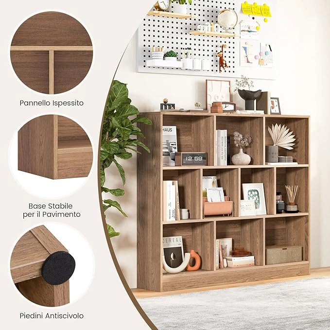 Libreria a 10 Cubi, Organizzatore di Stoccaggio a 3 Ripiani con 2 Kit Anti-Ribaltamento, Scaffale Multiuso in Legno per Soggiorno Camera da Letto Ufficio, 120x24x104 cm (Naturale)