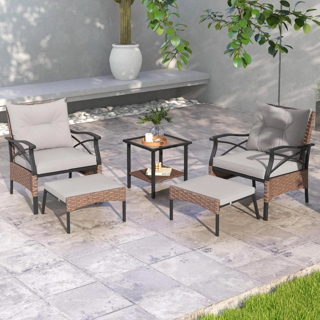 Set di mobili da giardino in rattan, per balconi, balconi, terrazze, 2 poltrone con sgabello, con cuscino, set di mobili da balcone per 2 persone (Marrone)