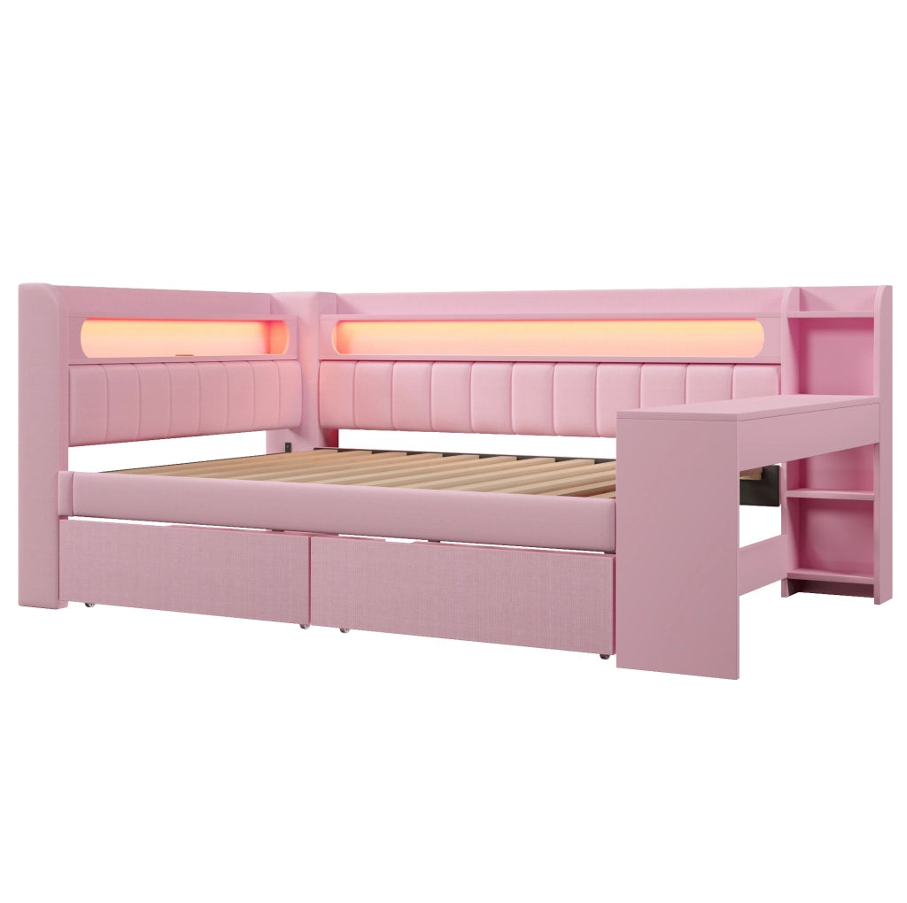 Letto da giorno imbottito 140x200 cm con scrivania; LED a 7 colori; USB e 2 cassetti; rosa