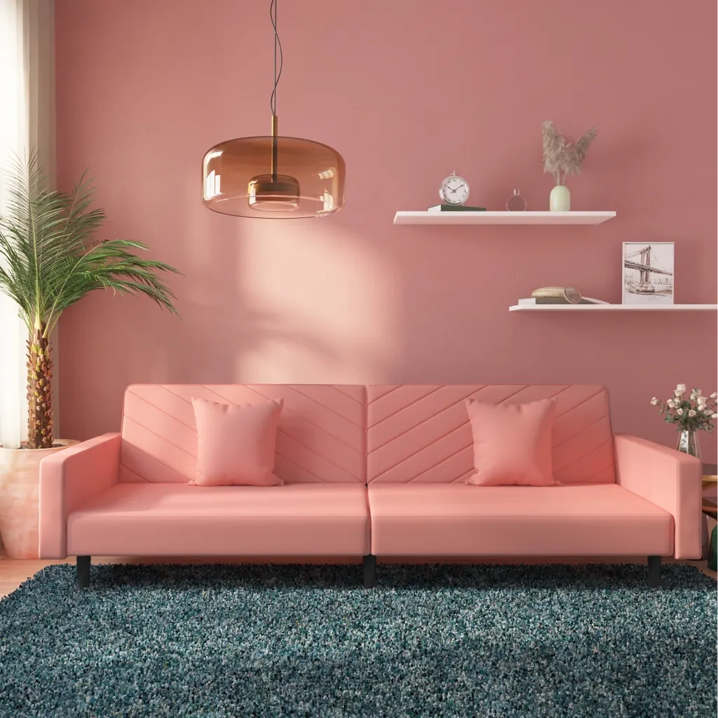 Divano Letto a 2 Posti con 2 Cuscini Rosa in Velluto 375921