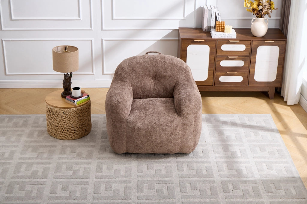 Pouf poltrona ergonomico con imbottitura in schiuma triturata e braccioli in pelliccia sintetica kaki