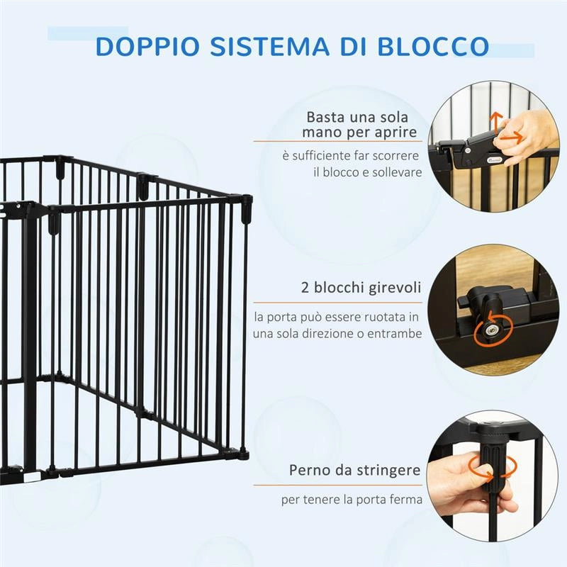 CANCELLETTO DI SICUREZZA PIEGHEVOLE 8 SEZIONI, CANCELLINO BARRIERA PER CANI IN ACCIAIO - NERO