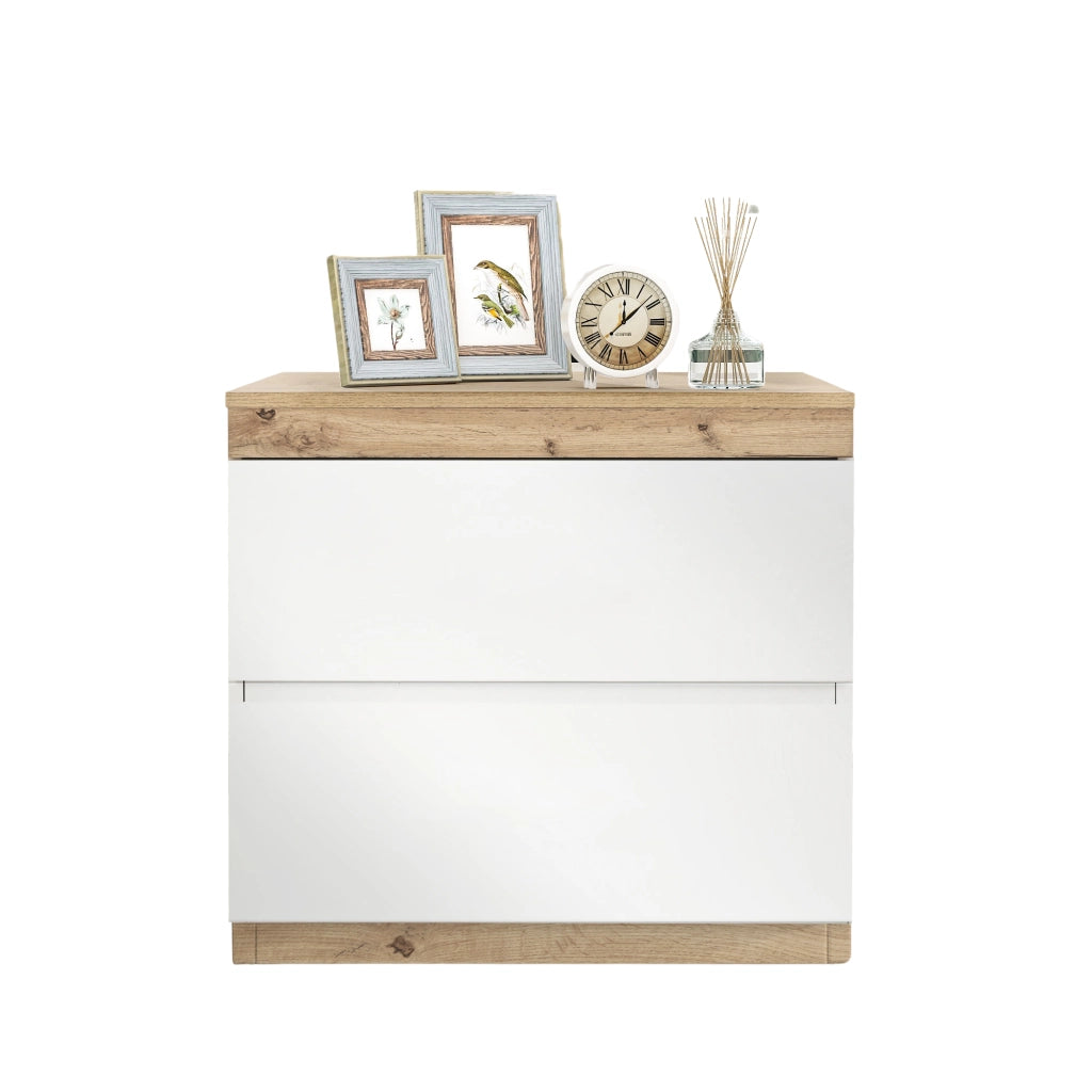Comodino classico con 2 cassetti, finitura bianco e rovere, in truciolare E1, per camera da letto