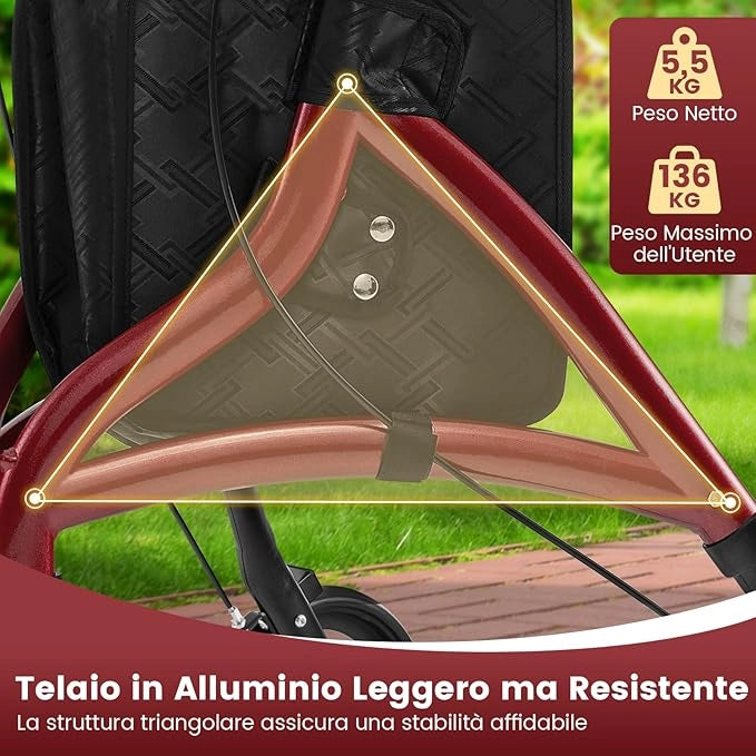 Deambulatore per Anziani in Alluminio Ultraleggero a 3 Ruote, Rollator per Anziani Pieghevole e Regolabile in 6 Livelli 86-96 cm con Borsa e Ruote Bloccabili, Portata 136 kg (Rosso)