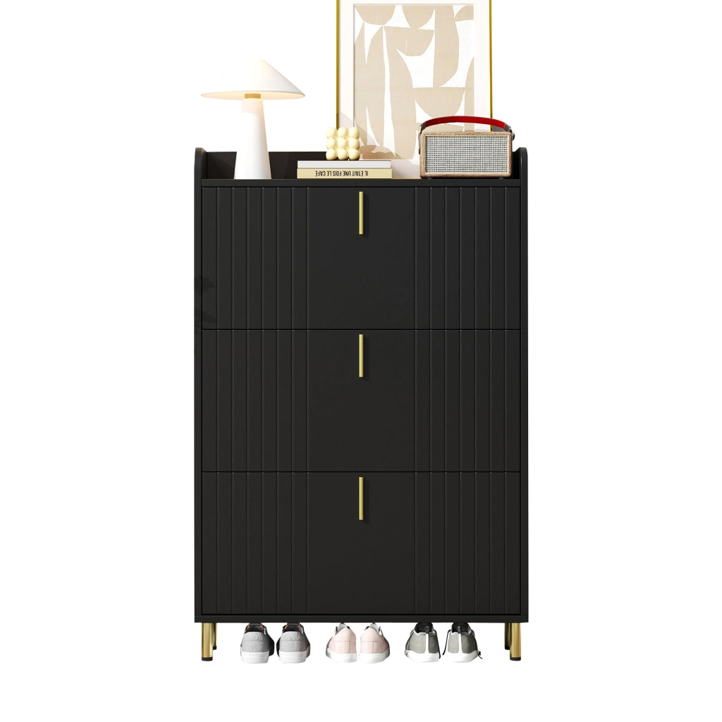 Scarpiera con 3 ante e ripiani regolabili, vano superiore, per ingresso, in MDF, nero, 80 × 23 × 123,5 cm